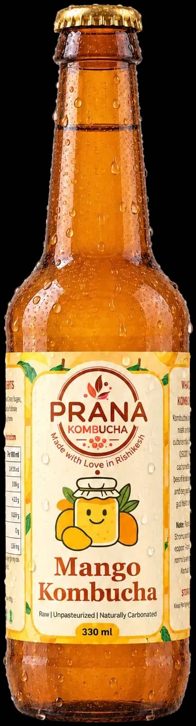 Prana Mango Kombucha, 330 ml amber glass bottle with a yellow mango label