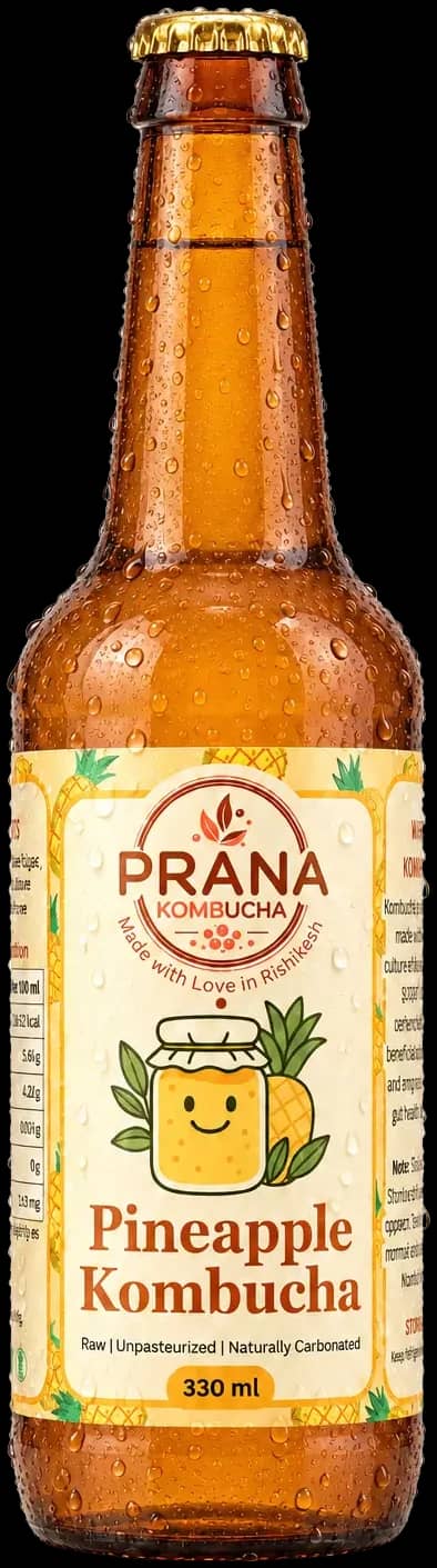 Prana Pineapple Kombucha, 330 ml amber glass bottle with a cream and yellow pineapple label