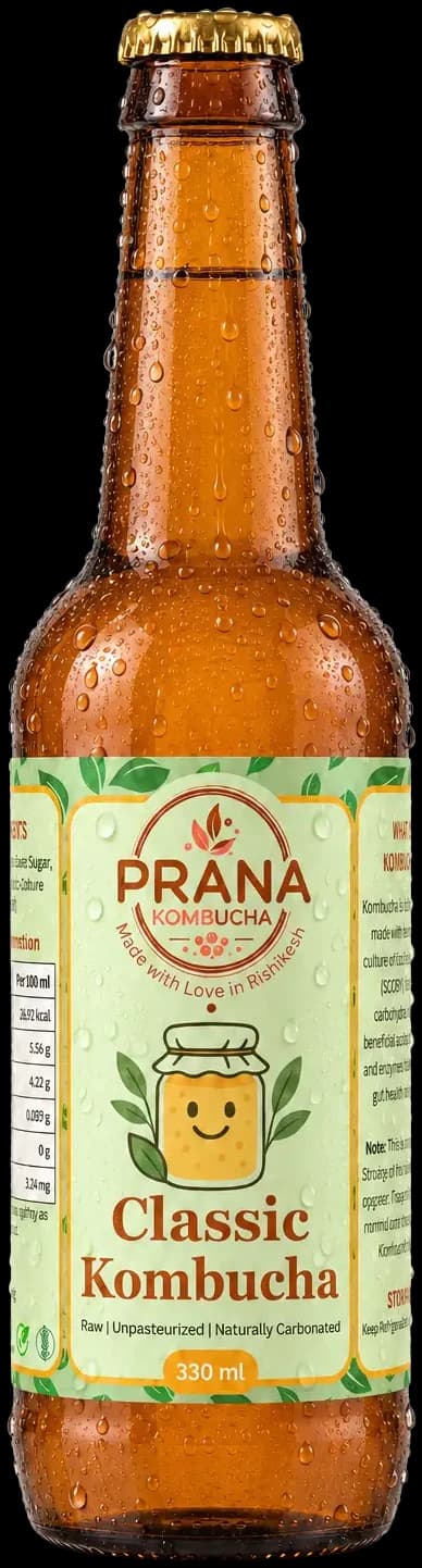 Prana Classic Kombucha, 330 ml amber glass bottle with a pale green tea-leaf label