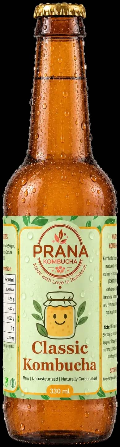 Prana Classic Kombucha, 330 ml amber glass bottle with a pale green tea-leaf label